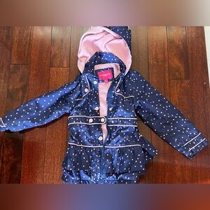 London Fog Navy Polka Dot Hooded Jacket with Pink Lining